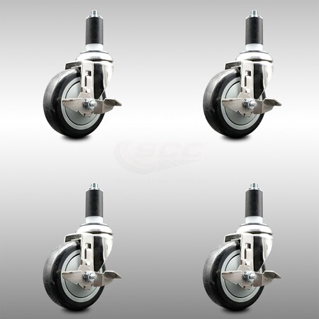Service Caster 4 Inch 316SS Black Poly Swivel 1-1/4 Inch Expanding Stem Caster Set Brake SCC SCC-SS316EX20S414-PPUB-BLK-TLB-114-4